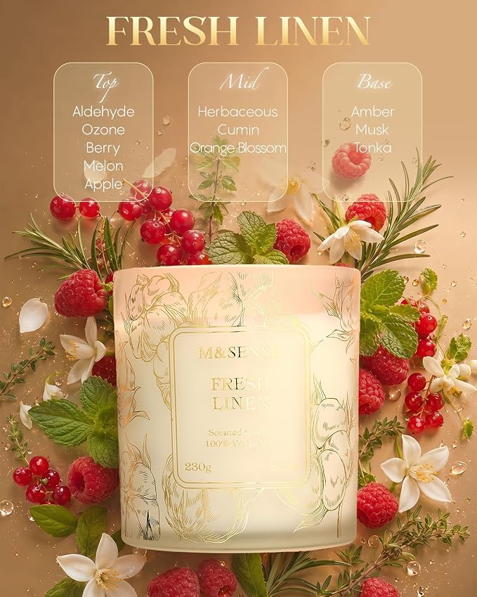 M&SENSE Fresh Linen Scented Candles, 8.1oz Natural Soy Wax Candle Non Toxic 42-Hour, Clean Cotton Summer Breeze, Bathroom & Bedroom Freshener