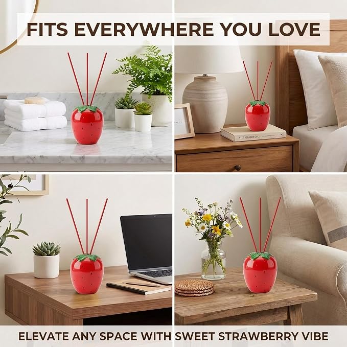 Strawberry Scented Reed Diffuser Set – 6.76 fl oz (200ml) with Sticks, Creative Strawberry-Shaped Ceramic Design for Home, Bedroom & Bathroom Decor, Long Lasting Aromatherapy Gift