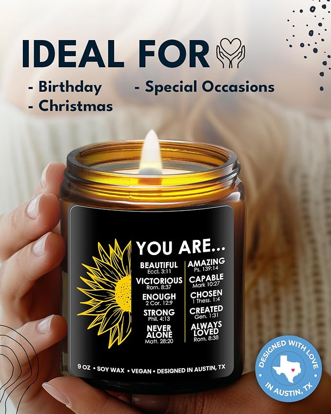 Christian Candle, Spiritual Gifts, Inspirational Christian Gifts for Women Faith, Bible Gift for Woman, Scripture Gift for Woman, Catholic Religious Presents for Women Sunflower