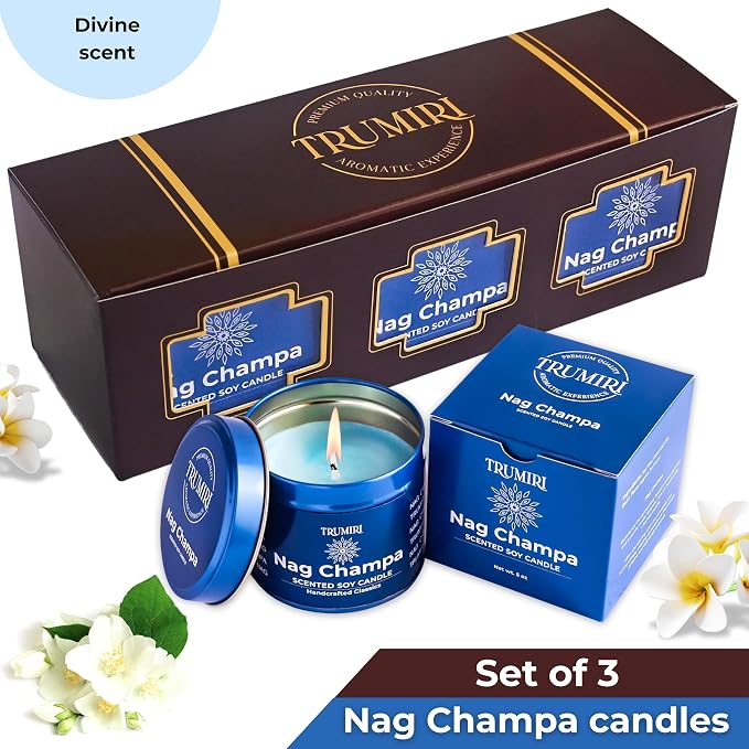 Nag Champa Candle for Home Scented - Pack of 3 x 5oz Natural Soy Clean Organic Non Toxic - for Aromatherapy Meditation Spiritual Gifts Bathroom Kitchen - Long Lasting Heavily Scented Velas Aromáticas