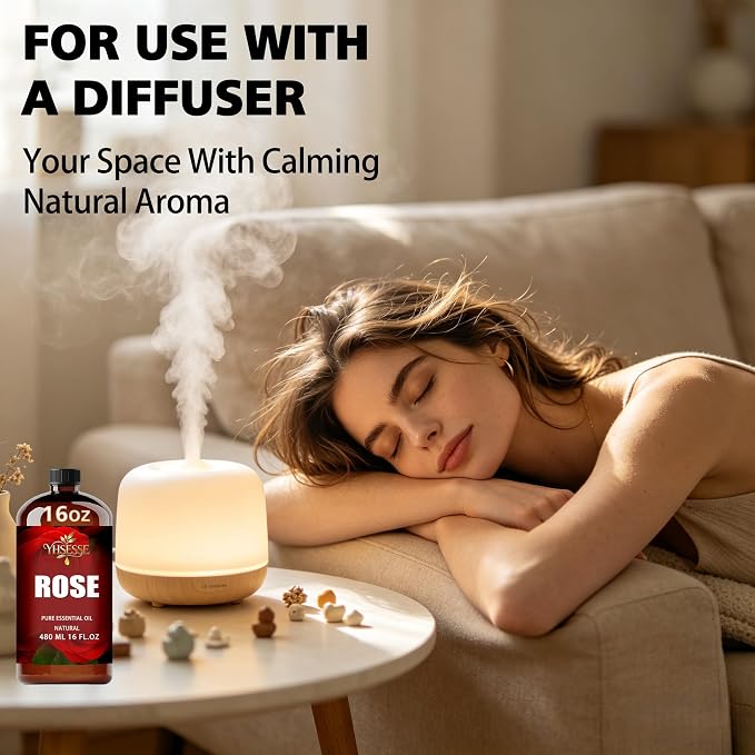 Rose Essential Oil, Rose Oil 16 Fl Oz 480ml for Diffuser Yoga Soap & Candle Making – with 0.33 Oz Roller Ball & Funnel YHSESSE Essential Oils