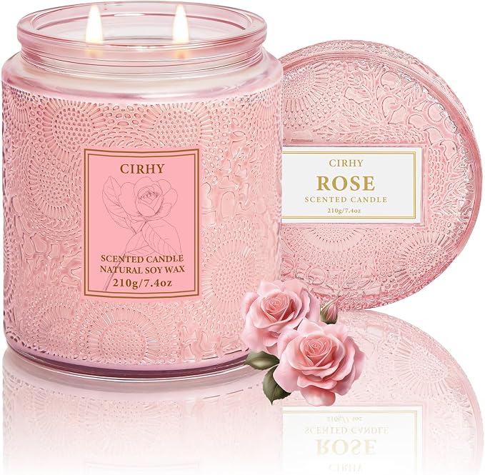 Cirhy Rose Scented Candle, Pink Candle for Women – Natural Soy Wax, Dual Cotton Wicks, 50-Hour Long Burning, Perfect Birthday, Christmas & Holiday Gift for Her, Home Fragrance 7.4 oz