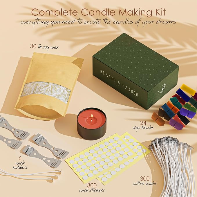 Hearth & Harbor Natural Soy Wax and DIY Candle Making Supplies - 30 Lbs Soy Candle Wax Flakes, 24 Candle Wax Dye Blocks, 300 Cotton Wicks, and 6 Metal Centering Device