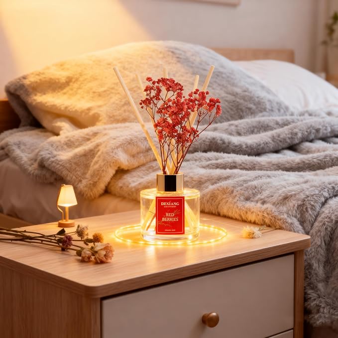 Reed Diffuser Set - 3.38 fl oz Red Berrie Premium Scented Oil with Preserved Baby's Breath & Cotton 6 Sticks | Long-Lasting Aromatherapy for Home, Bedroom, Bathroom, Office Home Decor