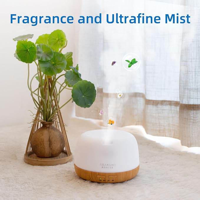 ASAKUKI Essential Oil Diffuser, 300ml Ultrasonic Aromatherapy Oil Humidifier with 7 Colors LED Lights, 2 Mist Mode for Home (Wood Grain)