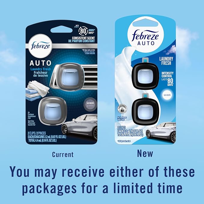 Febreze Car Air Freshener Vent Clip Laundry Fresh Scent, .07 oz. Car Vent Clip, Pack of 4