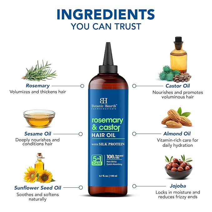 Botanic Hearth 100% Pure Rosemary Castor Oil For Hair Growth & Hair Treatment Oils 6.7 Fl Oz | Infused with coconut Oil | Hair Oil Repairs Dry Damaged Hair, Strengthening, Healthier | All Hair Types
