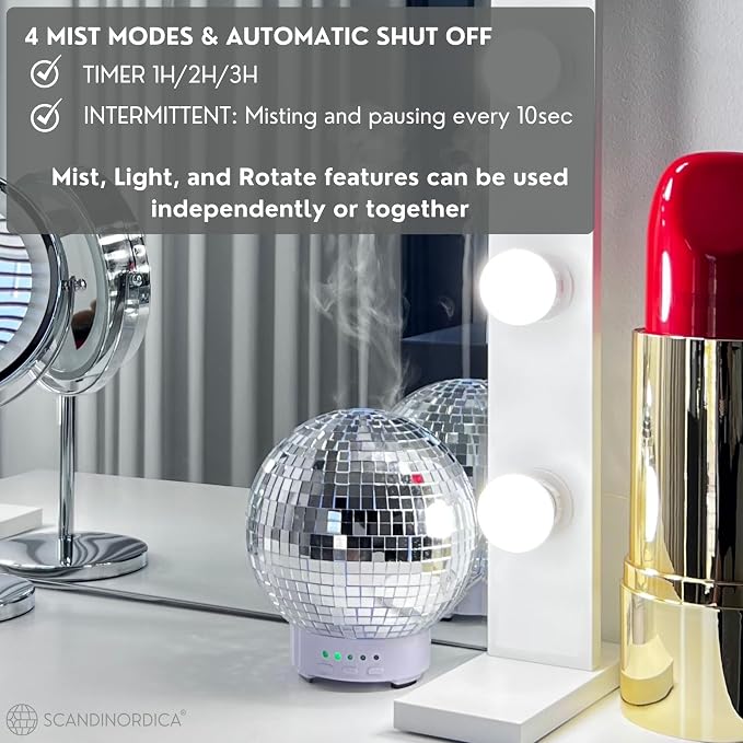 SCANDINORDICA Disco Ball Diffuser - Original Rotating Disco Essential Oil Diffuser with Whisper Quiet Operation, 14 Color Night Light & 4Time Settings | Cute Eclectic Home Decor for Medium Room Silver