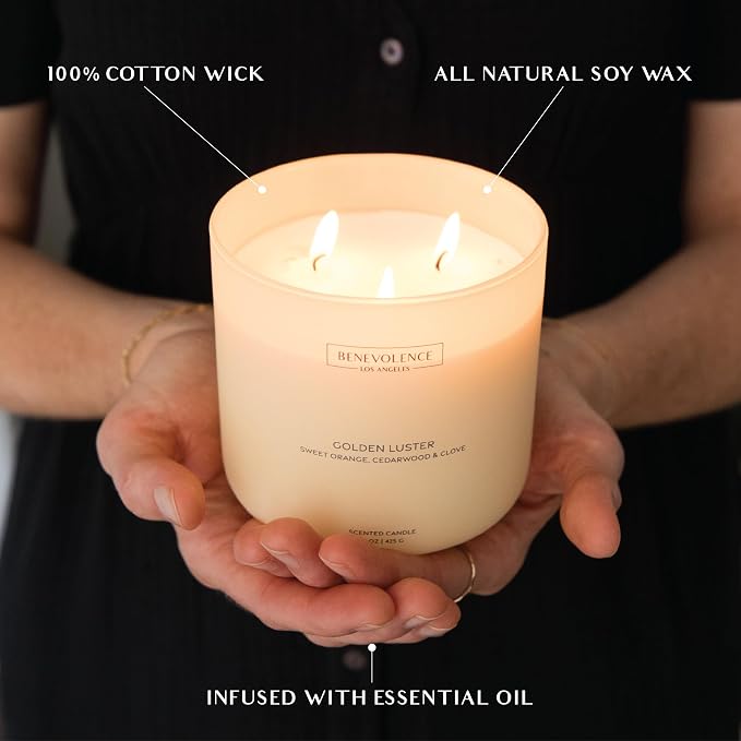 Orange, Cedarwood & Clove – Benevolence LA Large 3-Wick Scented Candle for Home | 15oz, 50-Hour Burn | Soy Wax, Cotton Wicks | Gift Ideas for Women | Malibu Sands Collection