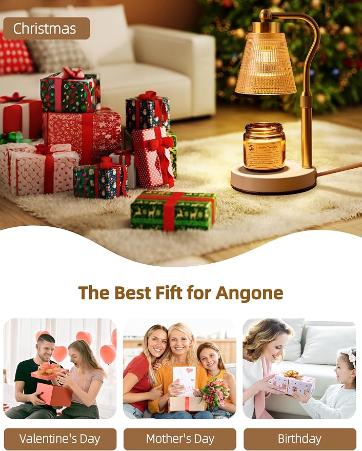 Candle Warmer Lamp for Jar Candles, Height Adjustable & Dimmable with 2/4/8H Timer, 2*50W Halogen Wax Melter Warmer for Home Office Décor, Flameless & Smokeless, Gift for Women Mom,Gold- Amber/1 Pack