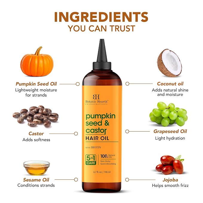 Botanic Hearth Castor Oil for Hair Growth with Pumpkin Seed Oil, Hair Growth Oils for Thinning Hair, Dry Damaged Hair & Scalp Treatment, Strengthens & Nourishes Hair, 6.7 fl oz