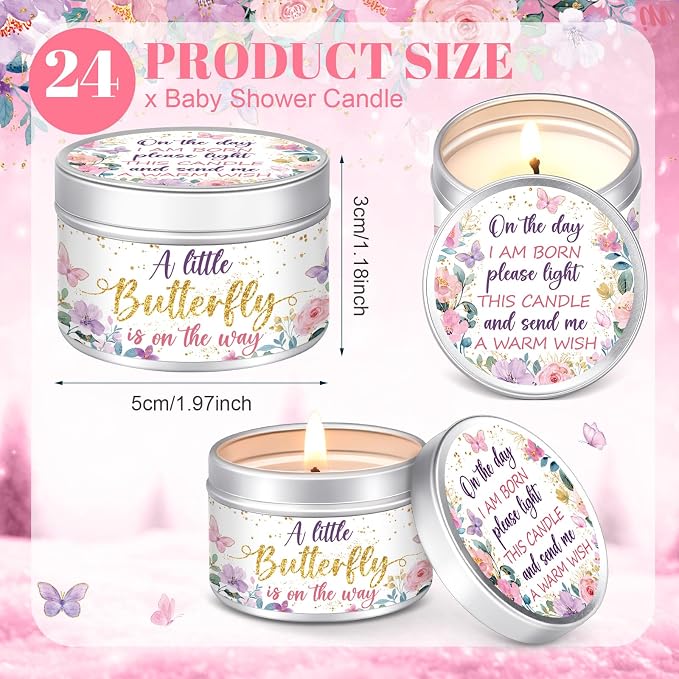 MTLEE 24 Pcs Butterfly Baby Shower Party Favors Candles Lavender Scented Baby Shower Favors for Guests Rustic Tealights Candles Gender Reveal Return Gifts (1.2 oz, Gold)