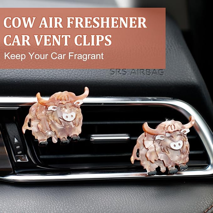 Rislobx Cute Highland Cow Air Freshener Vent Clip, 2PCS Car Vent Clips Decor, Air Diffuser Clips, Highland Cow Car Interior Decor Accessories