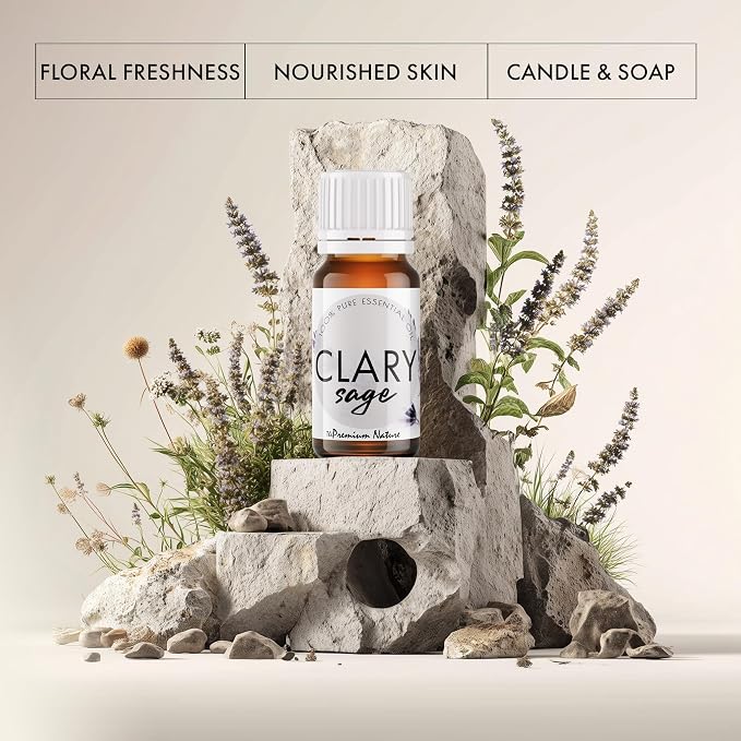 Organic Clary Sage Essential Oil | 100% Pure & Natural Salvia sclarea Flowering Herb Oil with Soft Herbal Aroma | for Diffuser, Candle Making & DIY Aromatherapy Blends, 0.34 fl oz