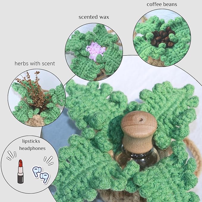 ROFIGL Handmade Crochet Car Air Freshener - Adorable Bendable Fern Plant with 8ml Empty Refillable Oil Diffuser Bottle, Suitable for Car Rearview Mirror Hanging, Home & Office Decor
