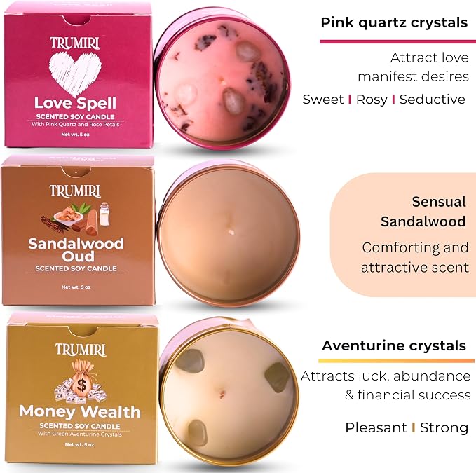 Love Spell, Money Wealth, Sandalwood Oud - Soy Candles Non Toxic - Highly Scented Long Lasting with Essential Oils - Variety Pack of 3 x 5oz - for Home Aromatherapy Meditation Gift Travel