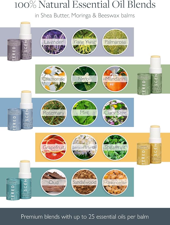 Scentered Aromatherapy Balm Stick Gift Set with Travel Pouch - Sleep, Focus, Stress-Relief, Mood Boost & Calm - Premium Essential Oil Blends: Lavender, Chamomile, Rosemary, Cedarwood, Ylang Ylang