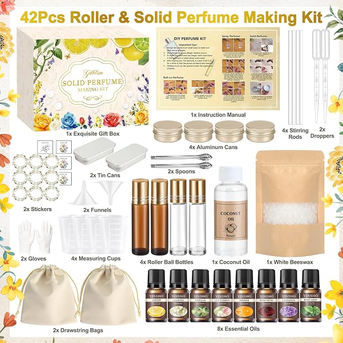 Perfume Making Kit- DIY Solid Perfume for Women, 2-in-1 Roller Perfume & Solid Cologne, Mini Perfume Set with Fragrances Bottle, Essential Oils, Perfume Travel Refillable Gift for Women, Men