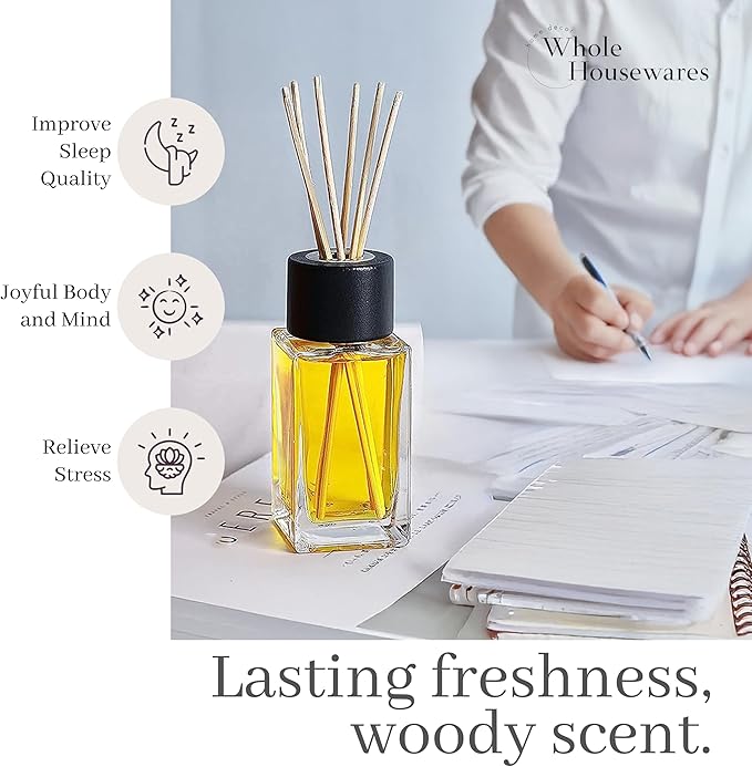 WHOLE HOUSEWARES Natural Diffuser Reeds Bottles Sticks | Clear Glass Home Décor for Kitchen and Living Room | Black Wood Caps | Décorative Fragrance Set with Long Lasting Aroma - Set of 4