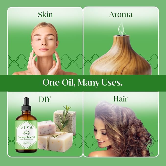 Siva Eucalyptus Essential Oil 4 Fl Oz – for Diffuser, Skin & Hair Care – Ideal for Aromatherapy, Massage & DIY Blends- with Dropper