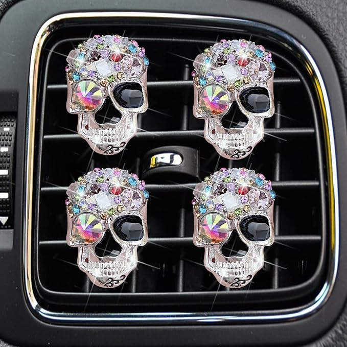 Bling Skull Air Vent Clips, 4 Pcs Crystal Skull Car Air Fresheners Vent Clips Car Diffuser Vent Clip Rhinestone Diamond Decoration Cute Interior Decor Bling Accessories for Women