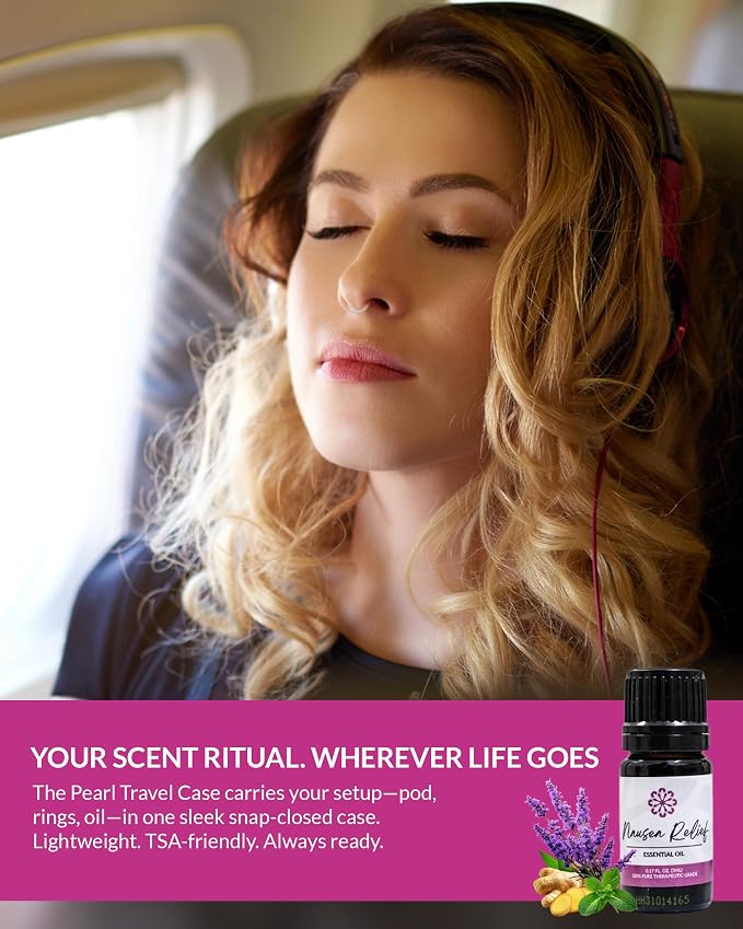 Essence Pearl Travel Case | Nausea Relief Essential Oil | Aromatherapy Nasal Diffuser & Essential Oil Carrying Case | Peppermint & Ginger Blend | Travel-Friendly Kit | Black Pod