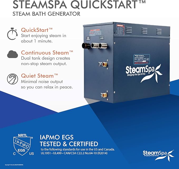 12kW Steam Sauna Generator Premium Bundle 240V Steam Generator with Touch Pad Control, Steamheads, Pressure Relief Valve, Built-in Auto Drain and Plumber Quick Install Kit SS-PRT1200CH-A