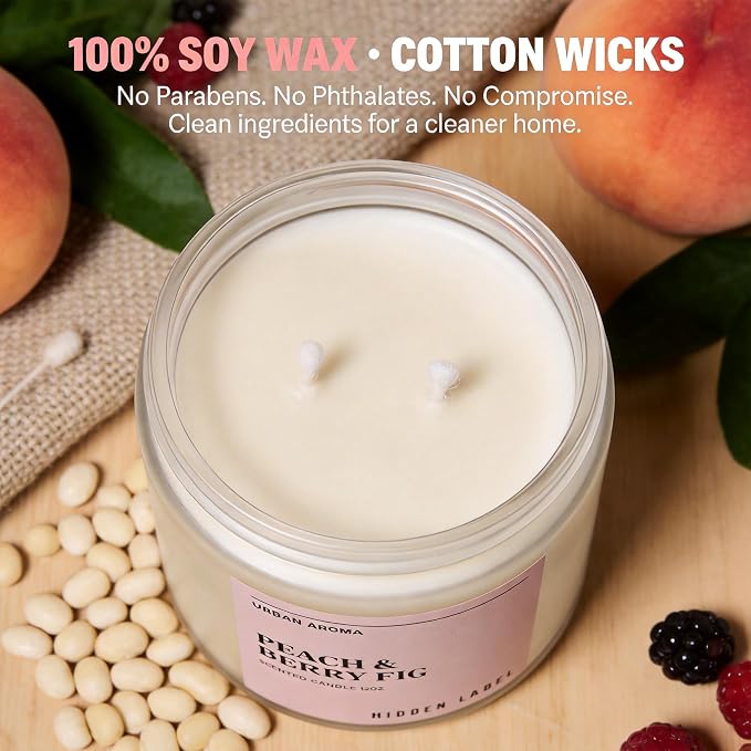 Hidden Label Peach Berry Fig Soy Candle, 12oz 2-Wick, 70H Fruity Warmth | Non-Toxic Natural Wax, Paraben & Phthalate-Free, Clean Burn | Elegant Home Decor & Gift-Ready | Stress Relief & Mood Uplift