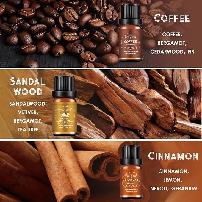 Men's Essential Oils for Diffusers for Home - 6x10ML Fragrance Oil for Candle Making - Leather, Sandalwood, Coffee, Cedarwood, Cinnamon & Amber Accord | Essential Oil Set for Soap & Gifts