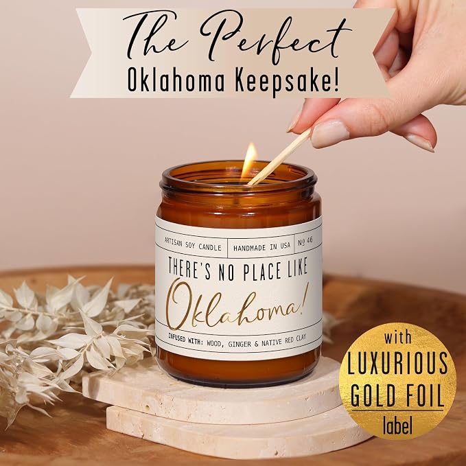 Oklahoma Gifts, Oklahoma Decor for Home - 'There's No Place Like Oklahoma Candle, w/Wood, Ginger & Native Red Clay I Oklahoma Souvenirs I Oklahoma State Gifts I 9oz Jar, 50Hr Burn, USA Made