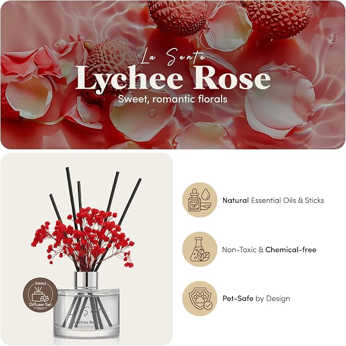 Reed Diffuser Set (6.7fl oz), Natural Lychee Rose Essential Oil Fragrance with Glass Bottle, Black Rattan Sticks & Preserved Flowers, Up to 120 Days Lasting Fragrance for Home & Office