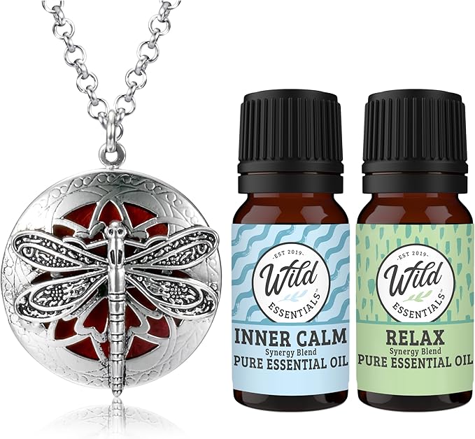 Wild Essentials Dragonfly Diffuser Necklace Kit – Nickel Free Alloy Hinged Locket Pendant, 12 Color Pads (17mm) – Includes Inner Calm & Relax Blends (2 x 10ml) – USA Made Oils – Family Company