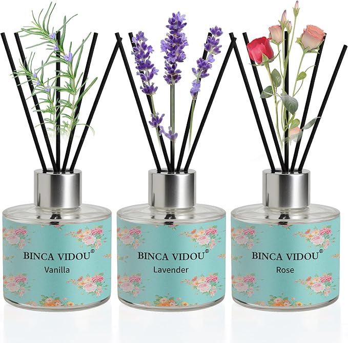 Reed Diffuser Set of 3, Lavender, Rose, Vanilla Aromatherapy Oil Diffusers for Bedroom, Living Room, Office, Gift & Stress Relief, 50ml x 3