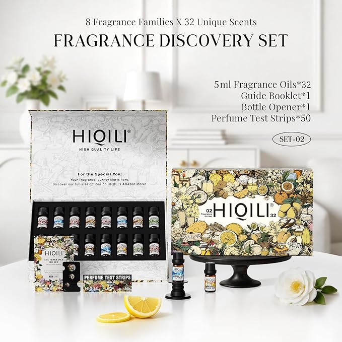HIQILI Discovery Fragrance Oil Set – 32 pcs, Home Scent for Diffuser, Candle & Perfume Making, Gifts for Women, Long-Lasting Scent from 8 Curated Notes, Non-Toxic, Beautiful Packaging