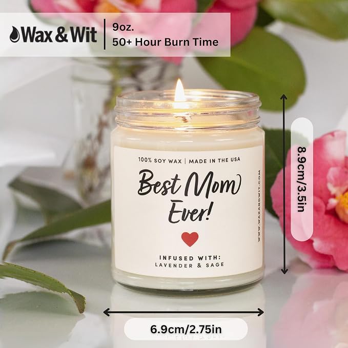 Best Mom Ever Mothers Day Candle – Gift for Mom from Daughter Son Kids Husband, 9oz Hand Poured Soy Wax, 50 Hour Burn, Lavender & Sage Scented, Mother's Day Candle Gifts Birthday Present