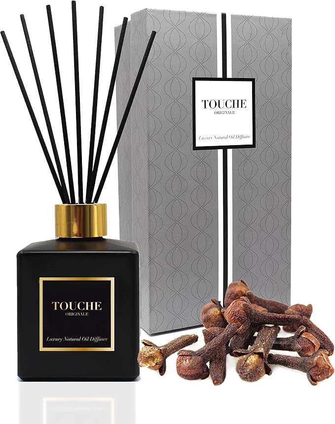 Touche Luxury Natural Reed Diffuser. Long Lasting Scented Home Fragrance. Natural Essential Oil Alcohol-Free. 4.75 OZ. Glass Bottle (Fig & Sandalwood - Black Bottle)