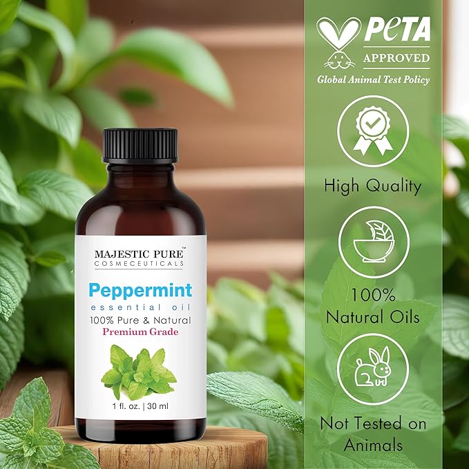 Majestic Pure Essential Oil with Glass Dropper - 100% Pure and Natural - Essential Oils for Diffuser, Aromatherapy, Soap and Candle Making, Peppermint Essential Oil, Peppermint Oil, 1 Fl Oz