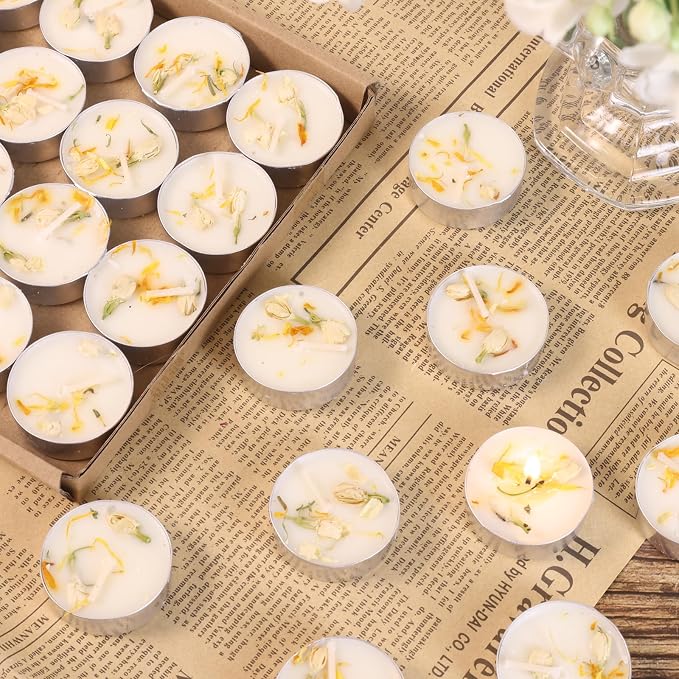 Jasmine Scented Tealight Candles -64 Pack - 4-Hour Palm Wax White Tea Lights, Plant Dried Flower Scented Tea Candles (Paraffin-Free), Votive Candle for Home/Yoga/Bath/Meditation