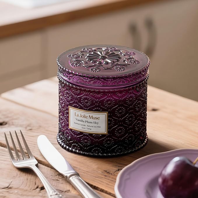 LA JOLIE MUSE Vanilla Plum Sky Scented Candles for Home, Soy Wax, 2-Wick | Large Jar Luxury Candle, Natural Clean Non Toxic, Gifts for Women & Men, Decorative Purple Candles for Candle Warmer,12 oz