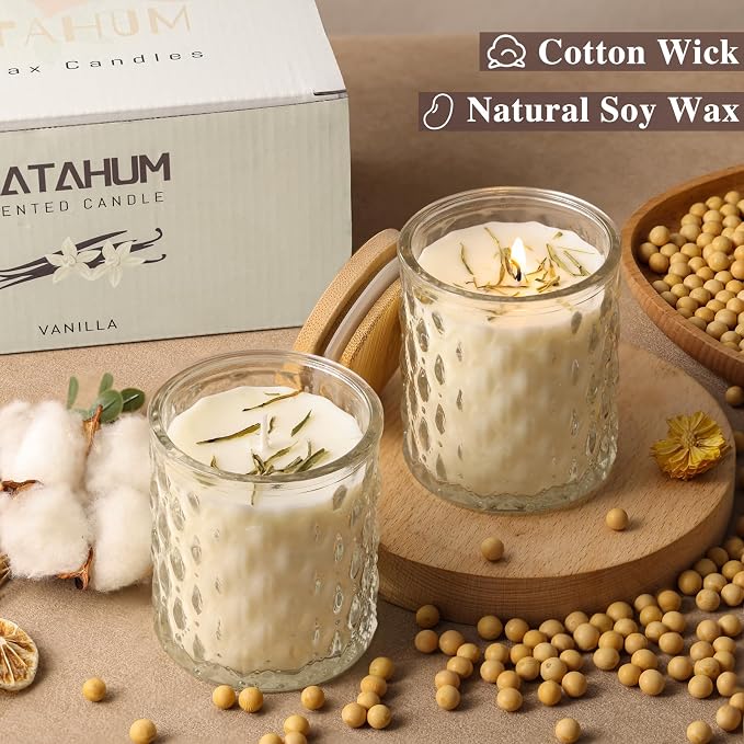 MATAHUM 2 Pack Vanilla Scented Candles for Home Decor, 6.5oz Natural Soy Wax Aromatherapy Jar Candles, Vanilla Candle for Home Scented Relaxing, Birthday Housewarming Giftable for Women Girls and Mom
