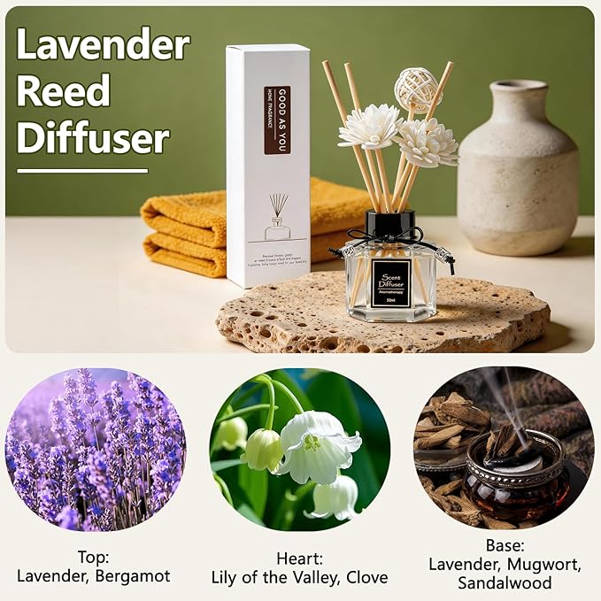 Lavender Reed Diffuser 1.7 fl oz, Calming & Relaxing Home Scent, Natural Non-Toxic Plant-Based Essential Oil with 6 Scent Sticks, Long-Lasting Air Freshener for Bedroom & Bathroom