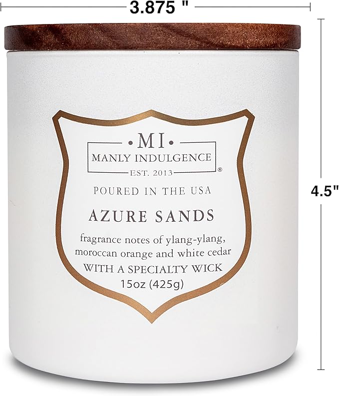 Manly Indulgence Azure Sands Scented Candles for Men, 15 oz Wooden Wick, Premium Soy Blend Wax, 60H Burn, Candles for Home Scented - Made in The USA