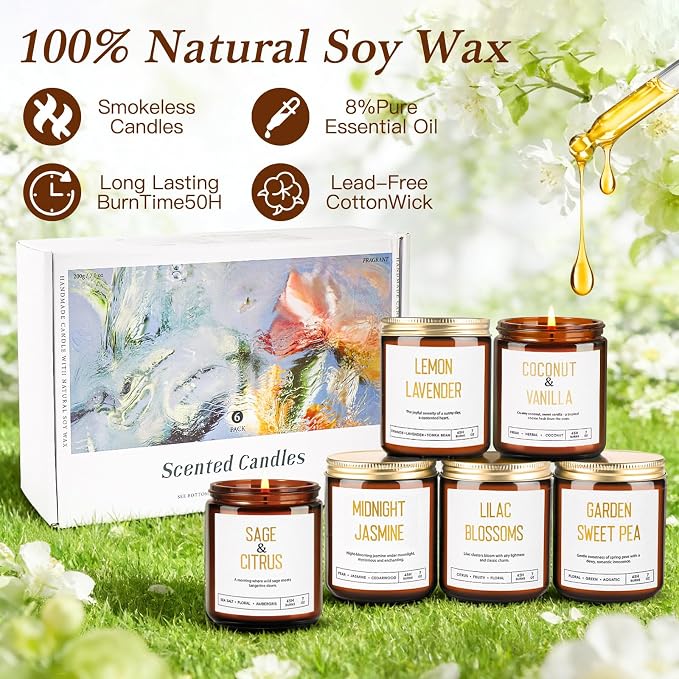 Candles for Home Scented - Soy Candles Non Toxic, 6 Pack Candle Gift Set, Long Lasting Scented Candles with Lavender, Lemon, Vanilla, Coconut, Jasmine, Sage -Floral & Fruity Scents