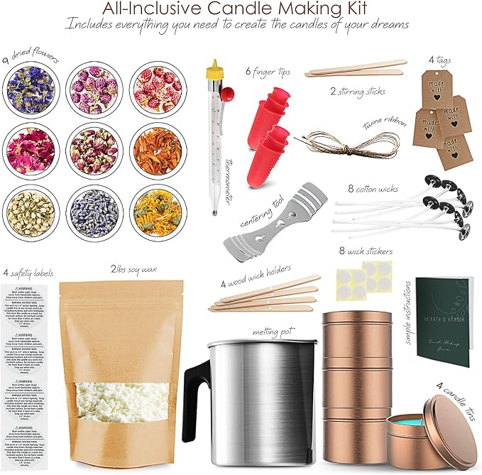 Hearth & Harbor Organic Soy Candle Making Kit for Adults, DIY Crafts, Complete Candle Making Supplies Include Natural Soy Wax, Tins, Dried Flowers, Wicks & More – Gift Idea, Perfect Home Decor – 2 Lbs