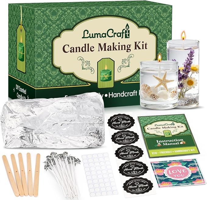 LumaCraft Clear Gel Wax for Candle Making – 1.1LB (500g) Transparent Jelly Wax with 20 Wicks, 50 Wick Stickers & 5 Wick Holders - Natural Non-Toxic DIY Gel Candle Supplies for Beginners & Crafters
