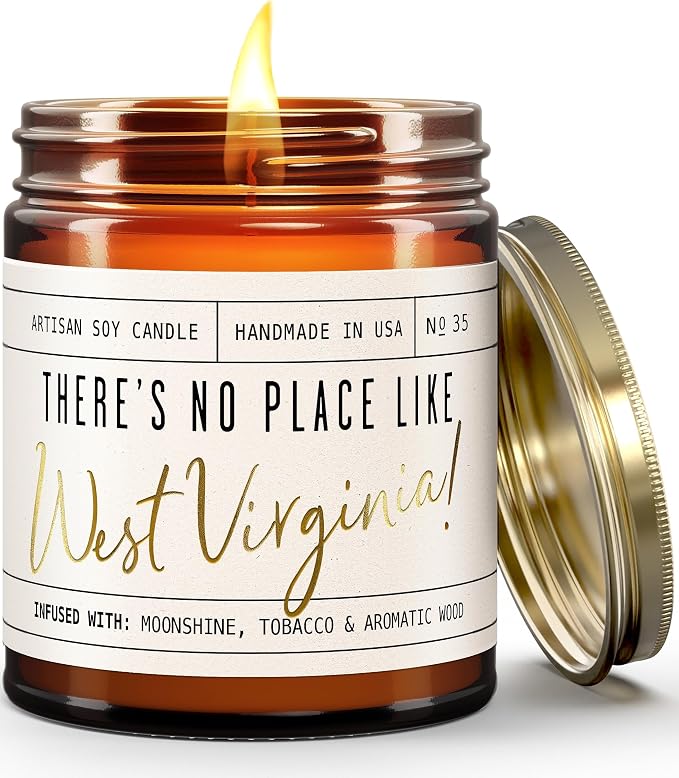 West Virginia Gifts, West Virginia Decor for Home - 'There's No Place Like West Virginia Candle, w/Tobacco, Vanilla & Bourbon I West Virginia Souvenirs State Gifts I 9oz Jar, 50Hr Burn, USA Made