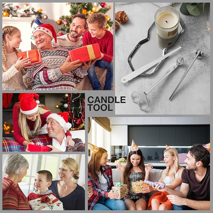 PATOISE 4 in 1 Candle Accessory Set, Wick Trimmer, Candle Snuffer, Wick Scoop, Storage Tray, Perfect for Candle Lovers (Silver)