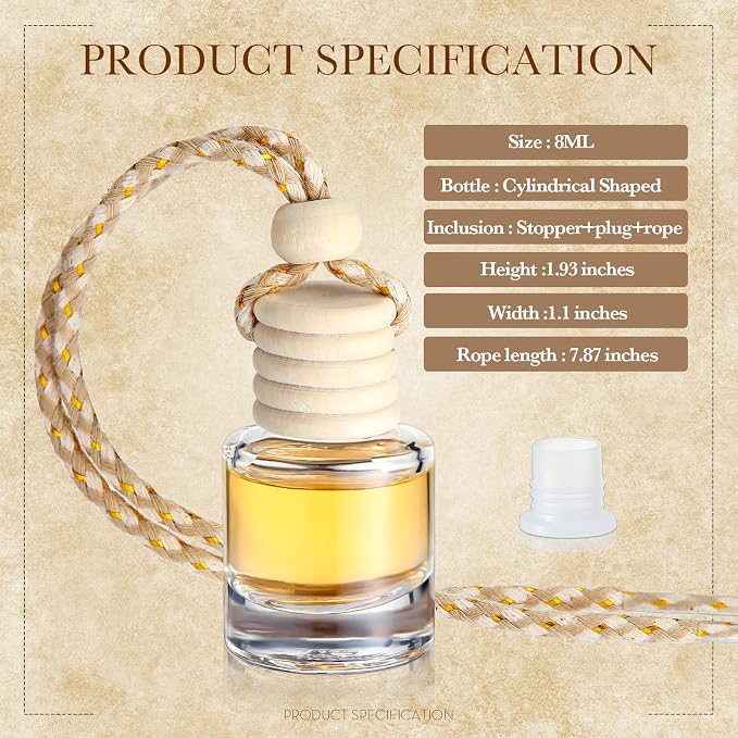 BBTO 50 Pcs Hanging Car Freshener Car Diffuser Bottles with Wooden Caps Empty Glass Perfume Bottle Freshener Diffuser Bottle Pendant for Essential Oil Fragrance Aromatherapy Ornament (Cylinder)