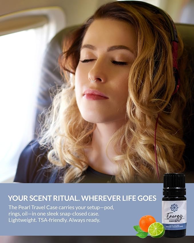 Essence Pearl Travel Case | Energy Essential Oil | Aromatherapy Nasal Diffuser & Essential Oil Carrying Case | Peppermint & Citrus Blend | Travel-Friendly Kit | White Pod