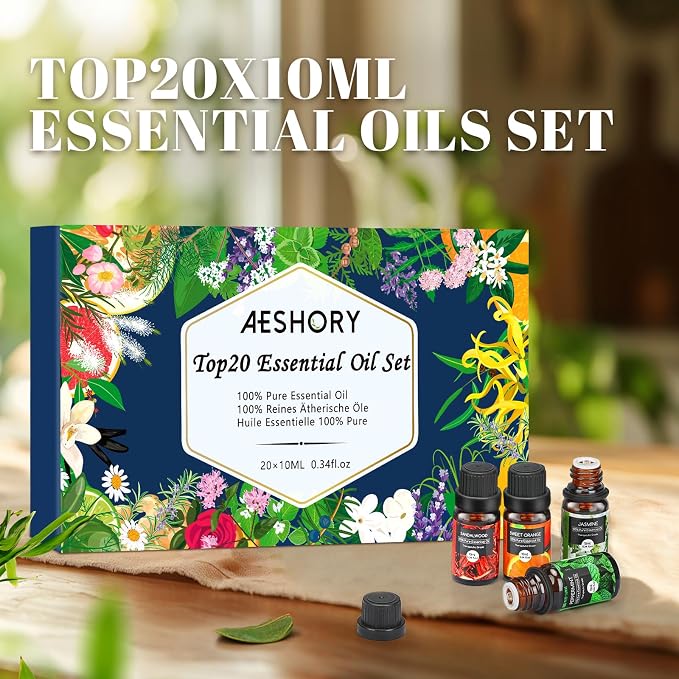 Natural Essential Oils Gift Set, 20 x 10ML Essential Oil for Diffuser, Humidifiers, Skin Care, Massage, Fragrance Oil for Candle & Soap Making, Lavender, Eucalyptus, Tea Tree More Aromatherapy Oil